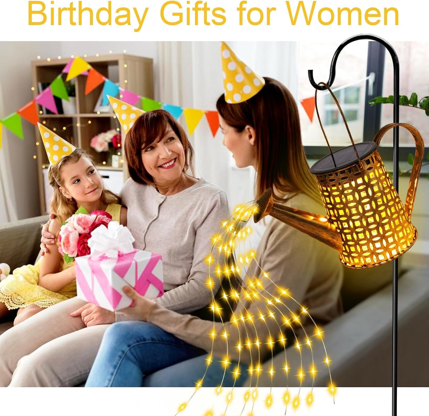 Solar Watering can with Lights, Unique Gifts for Mom Grandma Women Birthday, Waterproof Gardening Gifts Watering Can with Cascading Lights Outdoor Decor for Garden Patio Yard Pathway Backyard