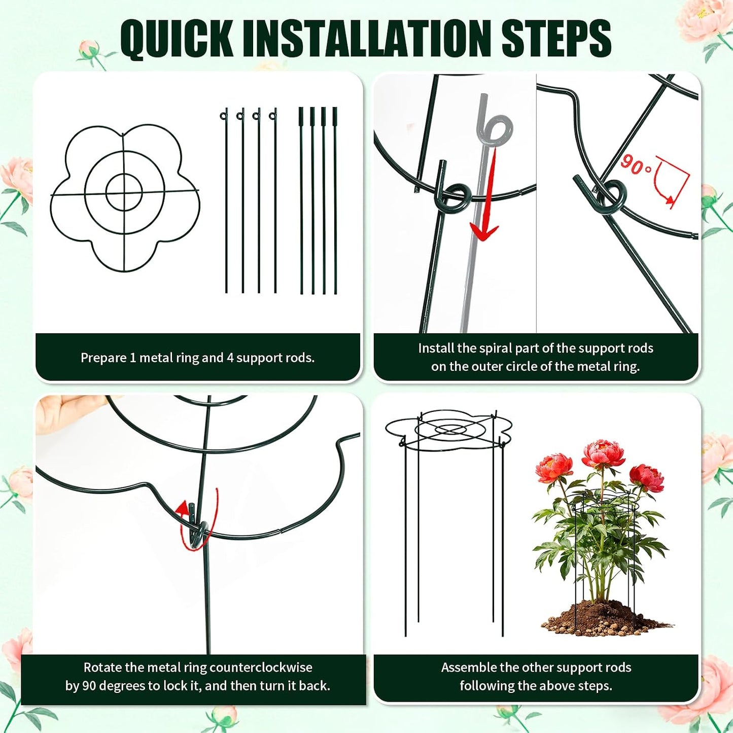 Peony Cages and Supports 4 Pack, 13" Dx24 H Grow Through Plant Supports, Heavy Duty Metal Plant Support Cage for Outdoor Flowers, Tomatoes, Hydrangeas, Cucumbers & Strawberries