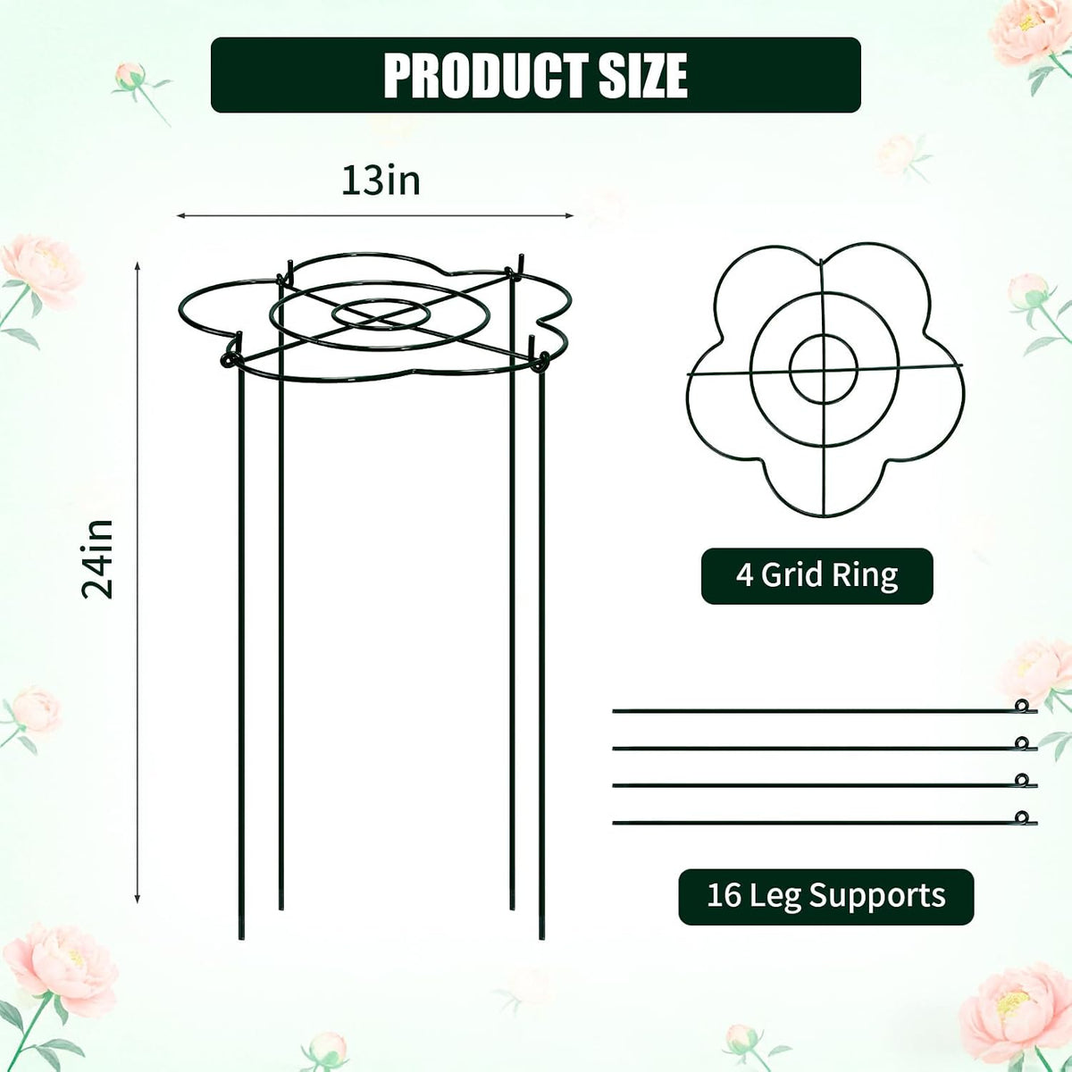 Peony Cages and Supports 4 Pack, 13" Dx24 H Grow Through Plant Supports, Heavy Duty Metal Plant Support Cage for Outdoor Flowers, Tomatoes, Hydrangeas, Cucumbers & Strawberries