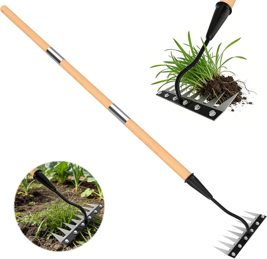 Iron Weeding Rake with Wooden Long Handle 2.0, 8 Teeth Weed Puller Tool Heavy Duty, Manual Gardenia Weed Rake Tool for Yard, Lawn and Garden, 56Inch