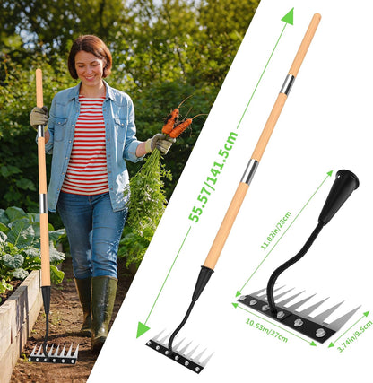 Iron Weeding Rake with Wooden Long Handle 2.0, 8 Teeth Weed Puller Tool Heavy Duty, Manual Gardenia Weed Rake Tool for Yard, Lawn and Garden, 56Inch