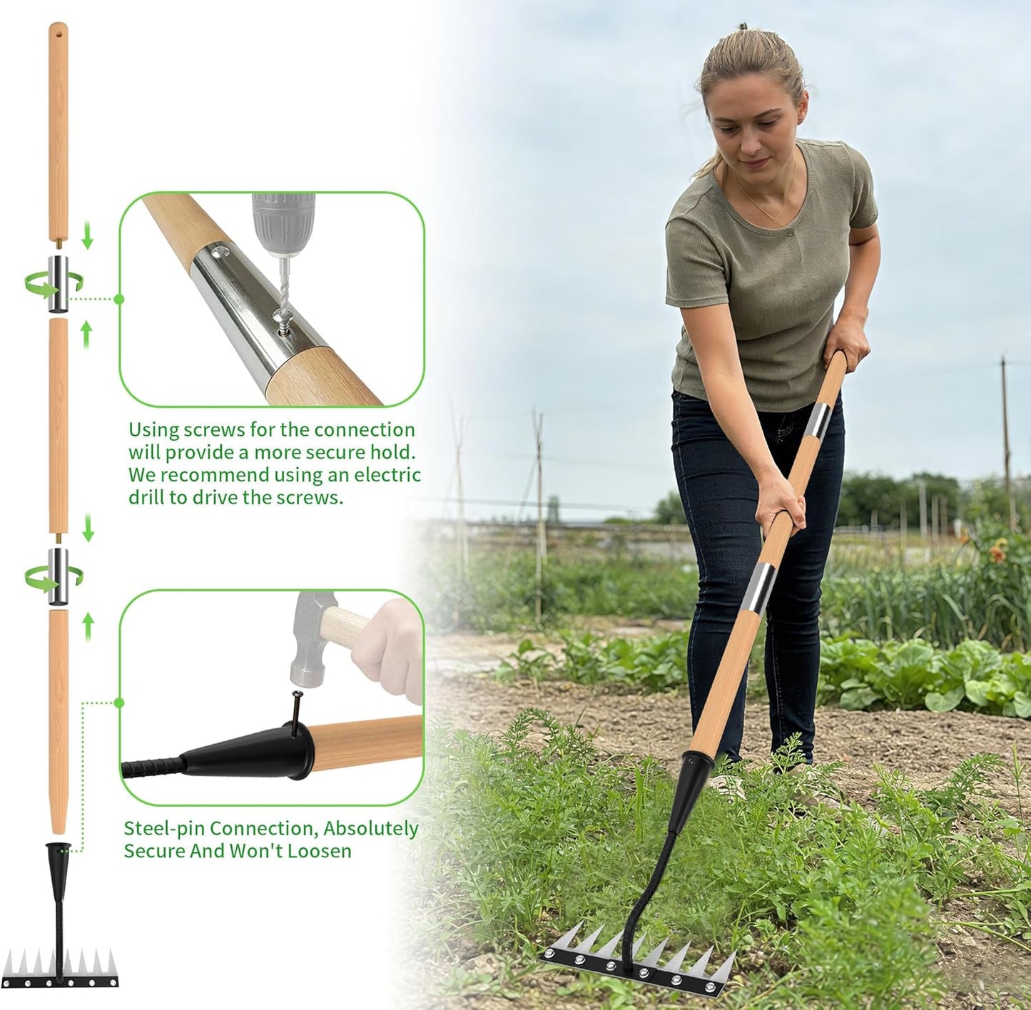 Iron Weeding Rake with Wooden Long Handle 2.0, 8 Teeth Weed Puller Tool Heavy Duty, Manual Gardenia Weed Rake Tool for Yard, Lawn and Garden, 56Inch