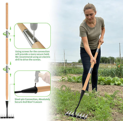 Iron Weeding Rake with Wooden Long Handle 2.0, 8 Teeth Weed Puller Tool Heavy Duty, Manual Gardenia Weed Rake Tool for Yard, Lawn and Garden, 56Inch