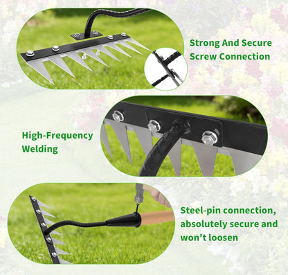 Iron Weeding Rake with Wooden Long Handle 2.0, 8 Teeth Weed Puller Tool Heavy Duty, Manual Gardenia Weed Rake Tool for Yard, Lawn and Garden, 56Inch