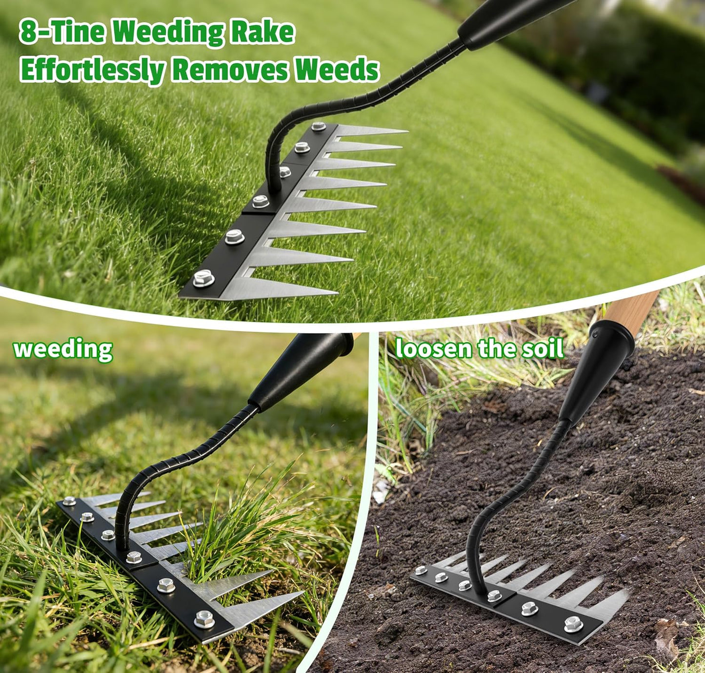 Iron Weeding Rake with Wooden Long Handle 2.0, 8 Teeth Weed Puller Tool Heavy Duty, Manual Gardenia Weed Rake Tool for Yard, Lawn and Garden, 56Inch