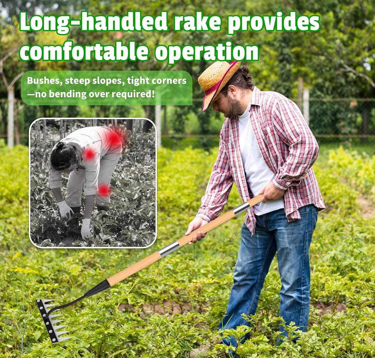 Iron Weeding Rake with Wooden Long Handle 2.0, 8 Teeth Weed Puller Tool Heavy Duty, Manual Gardenia Weed Rake Tool for Yard, Lawn and Garden, 56Inch