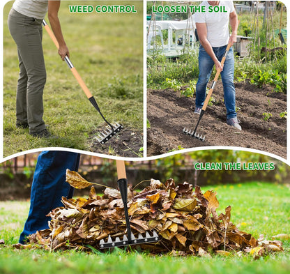 Iron Weeding Rake with Wooden Long Handle 2.0, 8 Teeth Weed Puller Tool Heavy Duty, Manual Gardenia Weed Rake Tool for Yard, Lawn and Garden, 56Inch