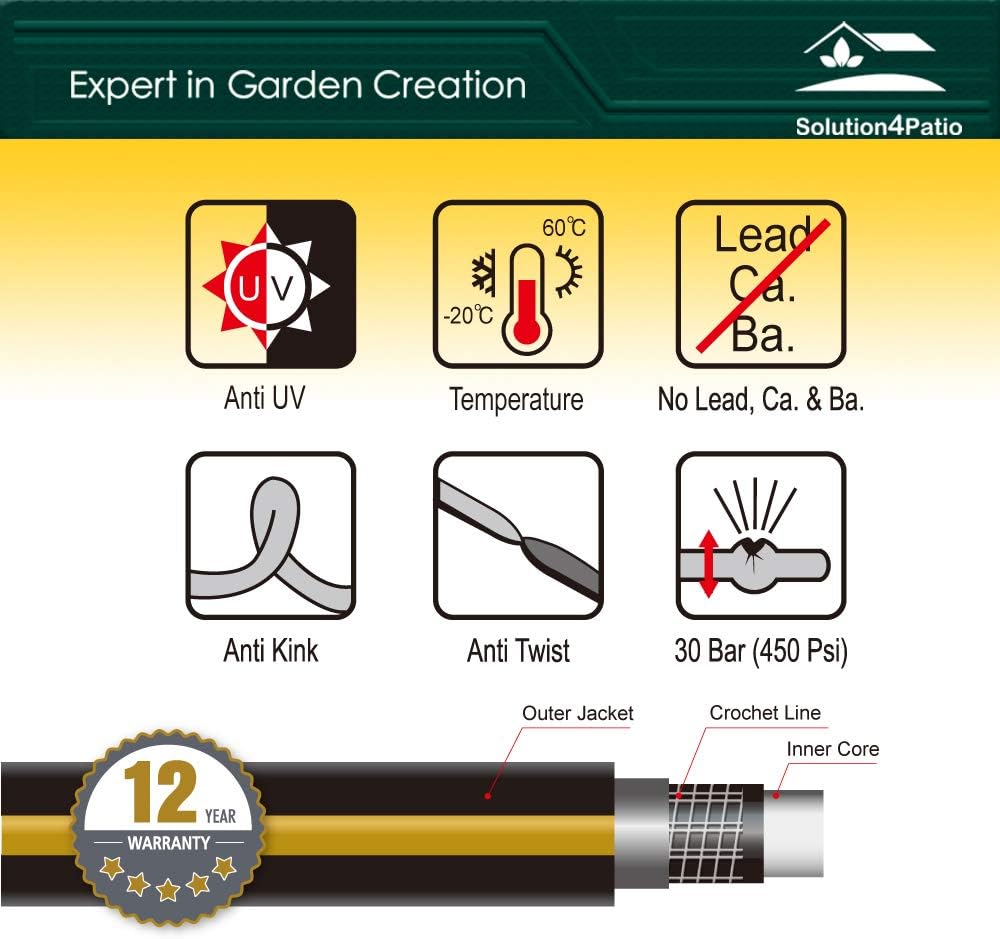 Solution4Patio Short Leader Garden Hose 5/8 in. x 10 ft. -Kink Free, No Leaking, Male/Female Fittings -Heavy Duty Durable Flexible Lightweight Water Pipe -Brass Aluminum Ends for Household & Yard Use