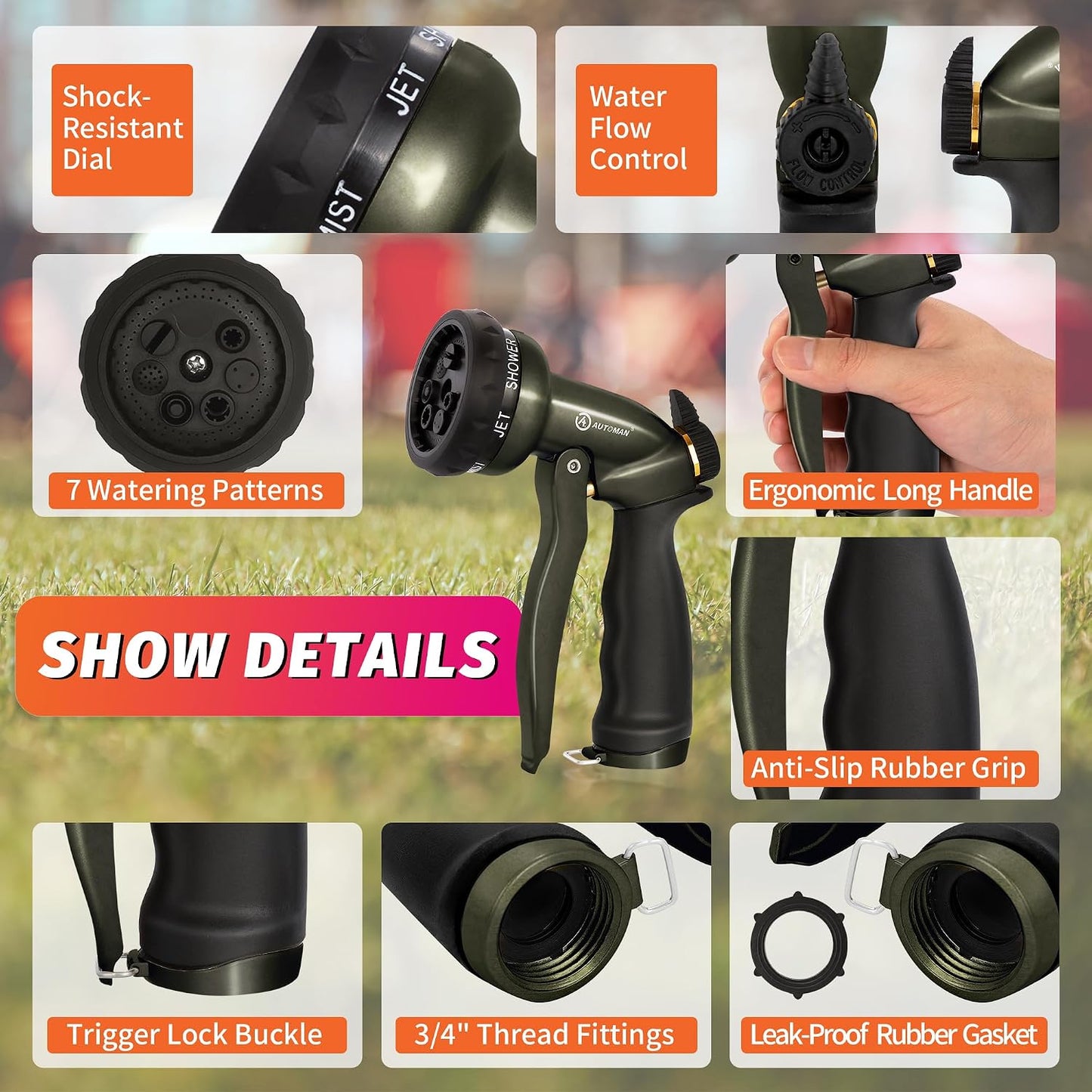 Garden Nozzle Sprayer, High Pressure Spray Nozzle, 100% Metal Water Hose Nozzle, 7 Patterns Watering Nozzle, Heavy Duty Sprayer Garden Nozzle for Watering Plants & Lawns, Washing Cars & Pets