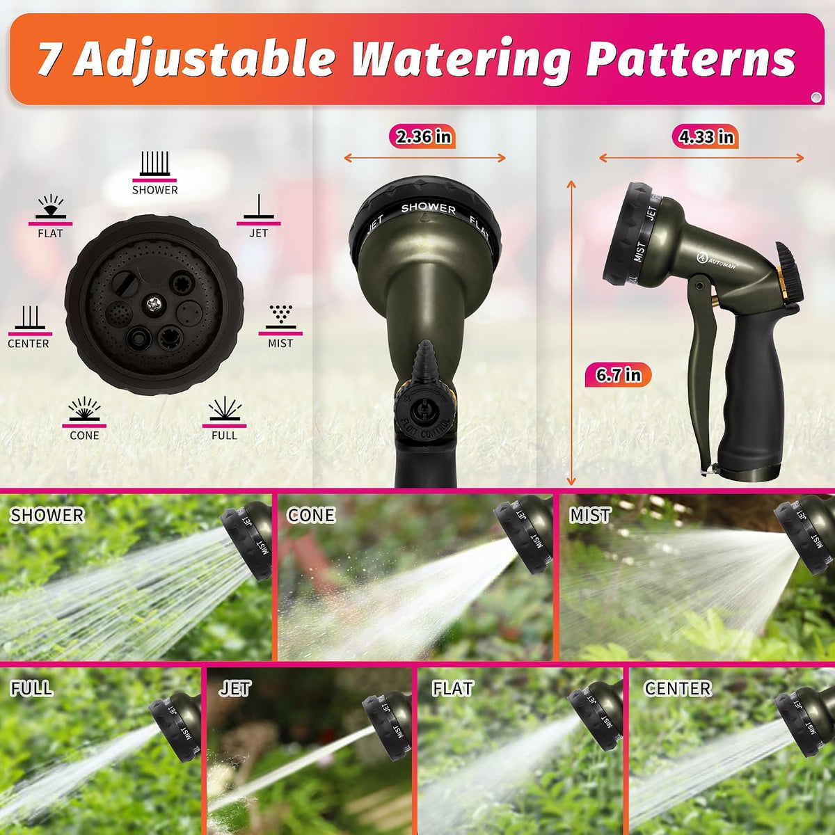 Garden Nozzle Sprayer, High Pressure Spray Nozzle, 100% Metal Water Hose Nozzle, 7 Patterns Watering Nozzle, Heavy Duty Sprayer Garden Nozzle for Watering Plants & Lawns, Washing Cars & Pets