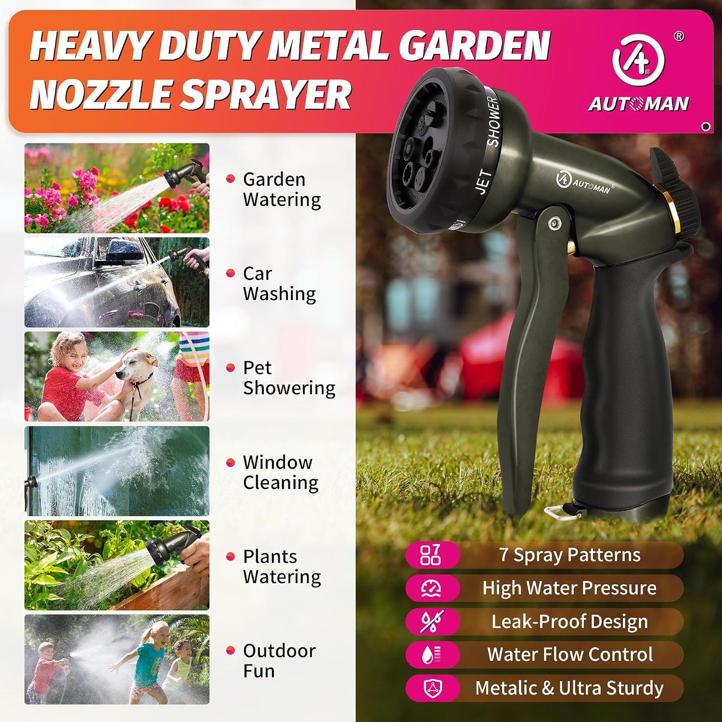 Garden Nozzle Sprayer, High Pressure Spray Nozzle, 100% Metal Water Hose Nozzle, 7 Patterns Watering Nozzle, Heavy Duty Sprayer Garden Nozzle for Watering Plants & Lawns, Washing Cars & Pets