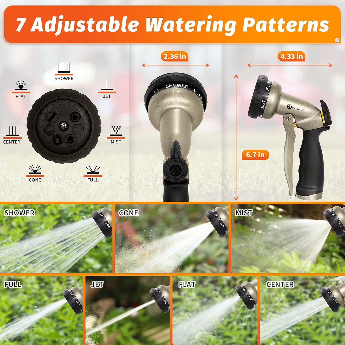 Garden Nozzle Sprayer, High Pressure Spray Nozzle, 100% Metal Water Hose Nozzle, 7 Patterns Watering Nozzle, Heavy Duty Sprayer Garden Nozzle for Watering Plants & Lawns, Washing Cars & Pets