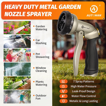 Garden Nozzle Sprayer, High Pressure Spray Nozzle, 100% Metal Water Hose Nozzle, 7 Patterns Watering Nozzle, Heavy Duty Sprayer Garden Nozzle for Watering Plants & Lawns, Washing Cars & Pets