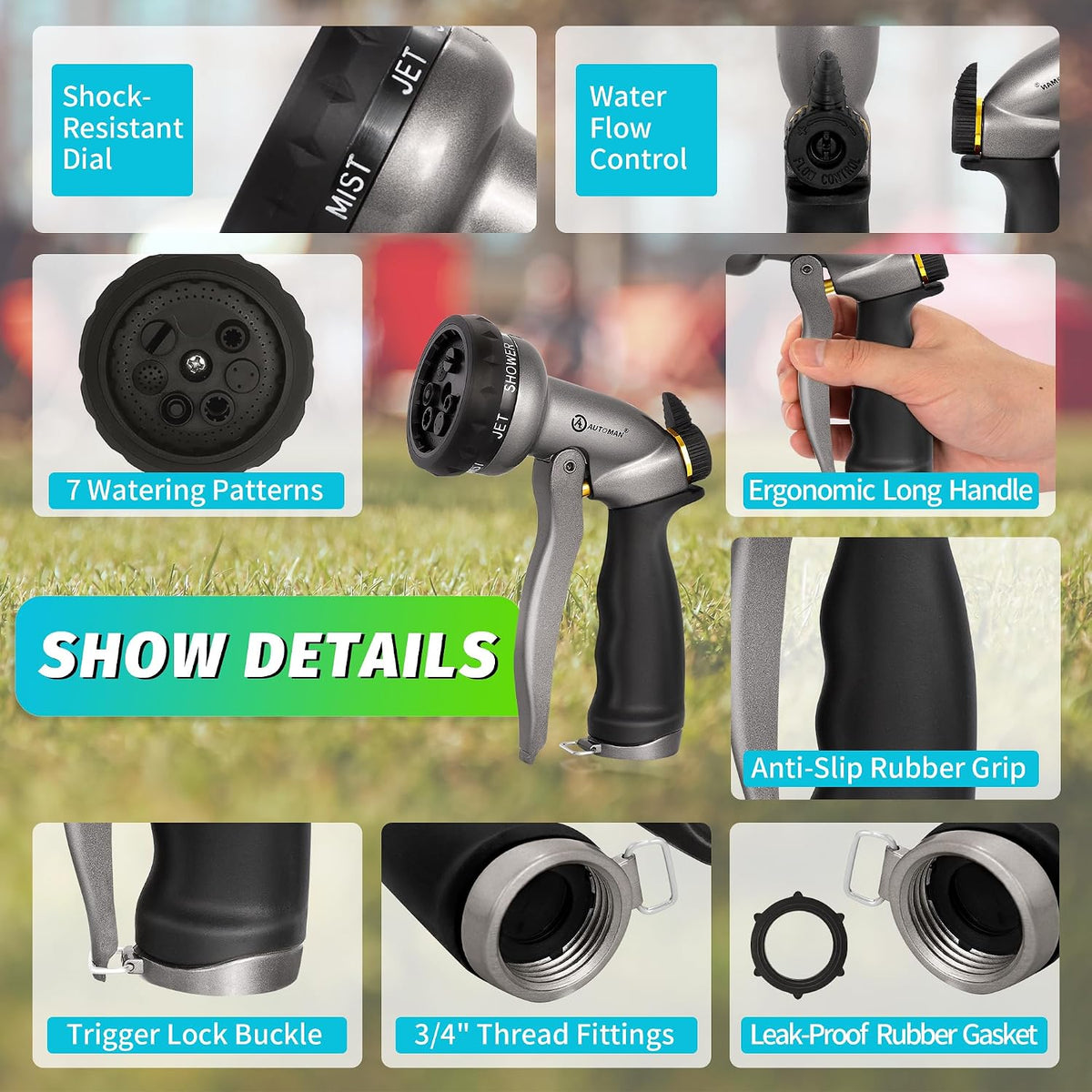 Garden Nozzle Sprayer, High Pressure Spray Nozzle, 100% Metal Water Hose Nozzle, 7 Patterns Watering Nozzle, Heavy Duty Sprayer Garden Nozzle for Watering Plants & Lawns, Washing Cars & Pets