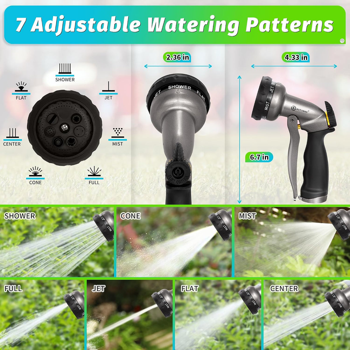 Garden Nozzle Sprayer, High Pressure Spray Nozzle, 100% Metal Water Hose Nozzle, 7 Patterns Watering Nozzle, Heavy Duty Sprayer Garden Nozzle for Watering Plants & Lawns, Washing Cars & Pets