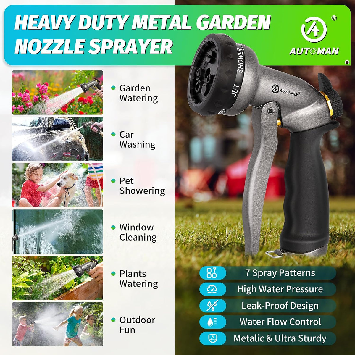 Garden Nozzle Sprayer, High Pressure Spray Nozzle, 100% Metal Water Hose Nozzle, 7 Patterns Watering Nozzle, Heavy Duty Sprayer Garden Nozzle for Watering Plants & Lawns, Washing Cars & Pets