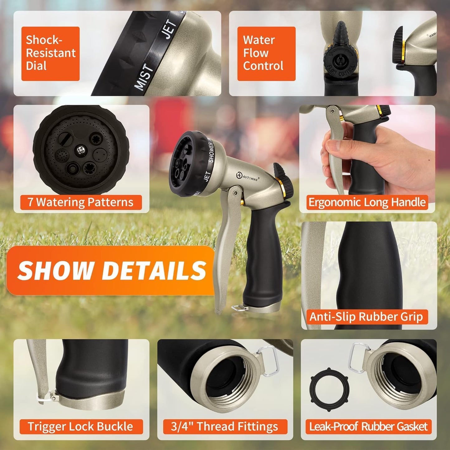 Garden Nozzle Sprayer, High Pressure Spray Nozzle, 100% Metal Water Hose Nozzle, 7 Patterns Watering Nozzle, Heavy Duty Sprayer Garden Nozzle for Watering Plants & Lawns, Washing Cars & Pets