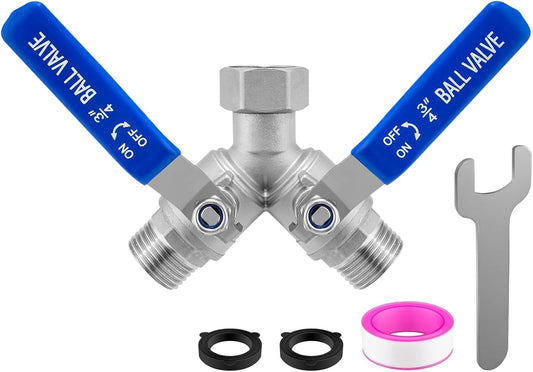 Garden Hose Splitter, 304 Stainless Steel 2 Way Hose Splitter with Long Handle, Heavy Duty Hose Y Spigot Splitter with Shutoff Valves, 3/4" GHT Thread Outdoor Faucet Splitter