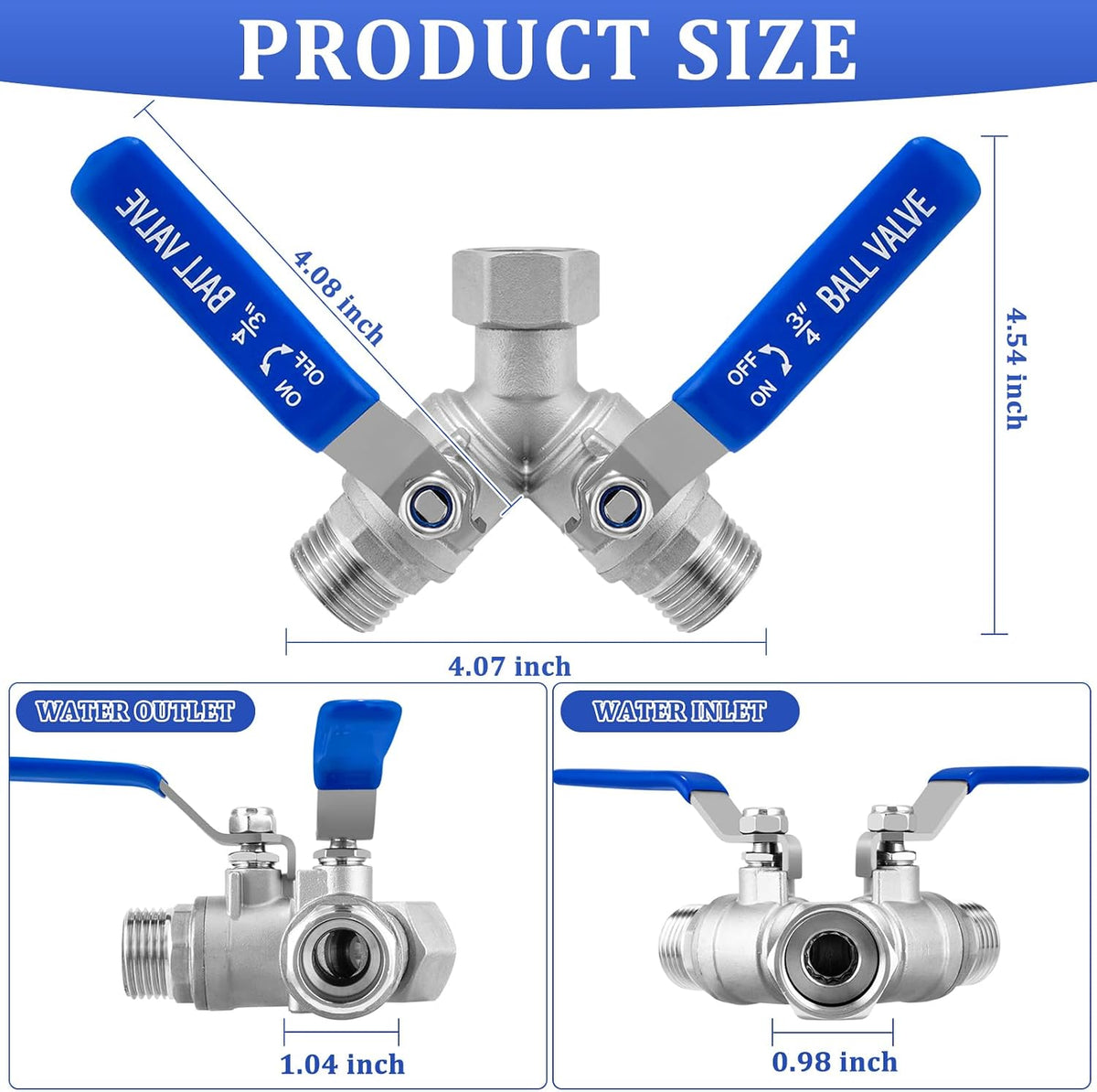Garden Hose Splitter, 304 Stainless Steel 2 Way Hose Splitter with Long Handle, Heavy Duty Hose Y Spigot Splitter with Shutoff Valves, 3/4" GHT Thread Outdoor Faucet Splitter