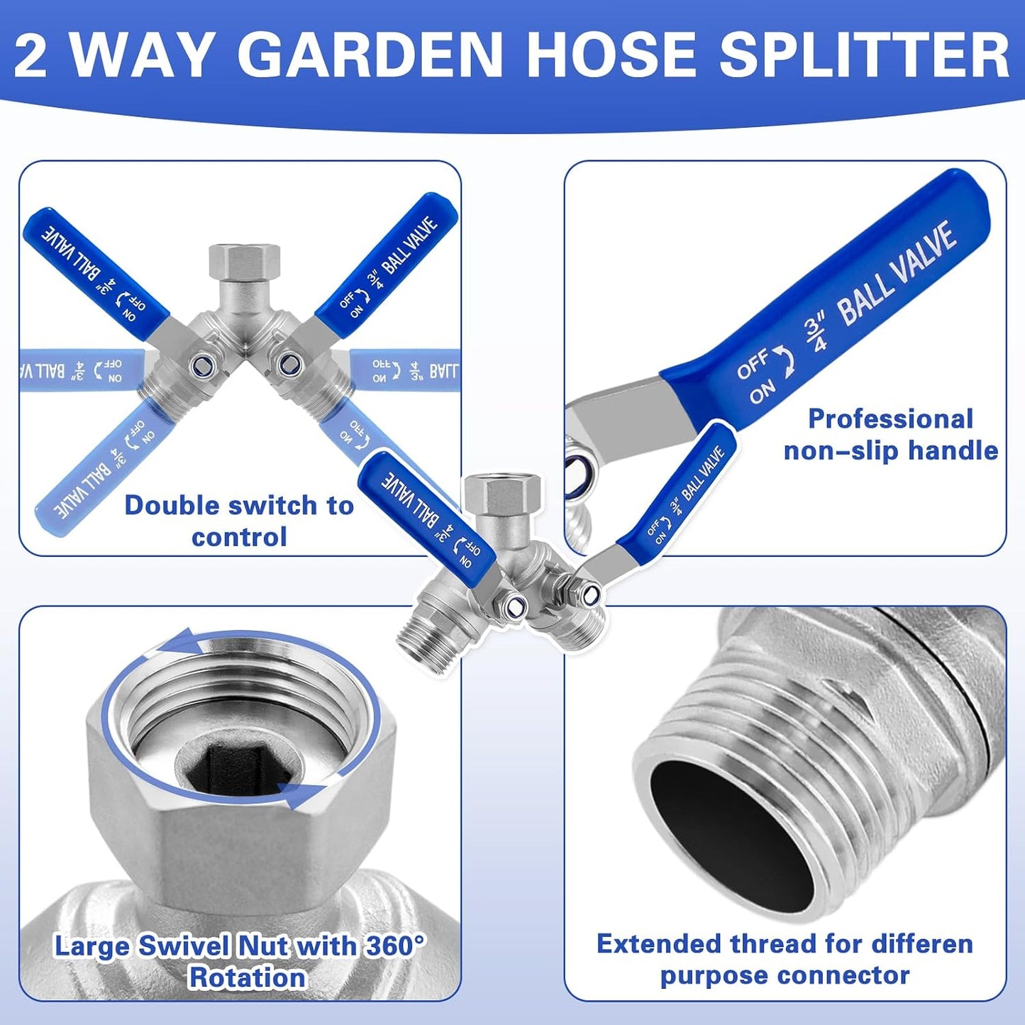 Garden Hose Splitter, 304 Stainless Steel 2 Way Hose Splitter with Long Handle, Heavy Duty Hose Y Spigot Splitter with Shutoff Valves, 3/4" GHT Thread Outdoor Faucet Splitter