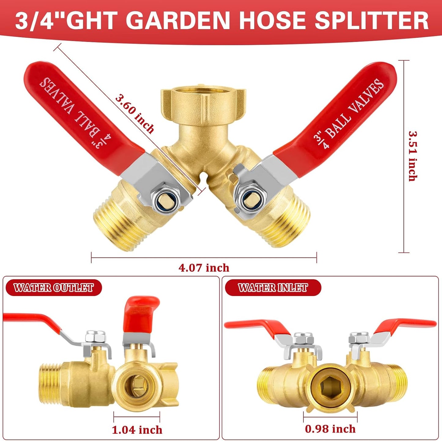 Garden Hose Splitter, 304 Stainless Steel 2 Way Hose Splitter with Long Handle, Heavy Duty Hose Y Spigot Splitter with Shutoff Valves, 3/4" GHT Thread Outdoor Faucet Splitter
