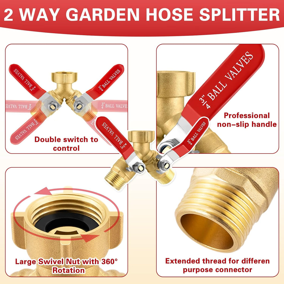 Garden Hose Splitter, 304 Stainless Steel 2 Way Hose Splitter with Long Handle, Heavy Duty Hose Y Spigot Splitter with Shutoff Valves, 3/4" GHT Thread Outdoor Faucet Splitter