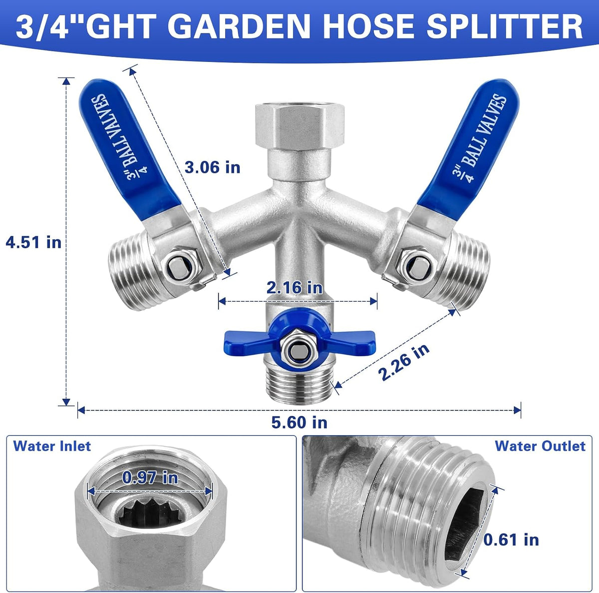 Garden Hose Splitter, 304 Stainless Steel 2 Way Hose Splitter with Long Handle, Heavy Duty Hose Y Spigot Splitter with Shutoff Valves, 3/4" GHT Thread Outdoor Faucet Splitter