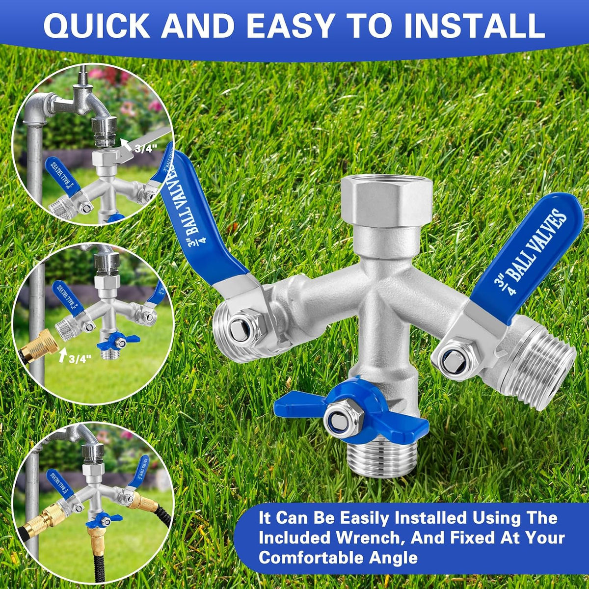 Garden Hose Splitter, 304 Stainless Steel 2 Way Hose Splitter with Long Handle, Heavy Duty Hose Y Spigot Splitter with Shutoff Valves, 3/4" GHT Thread Outdoor Faucet Splitter