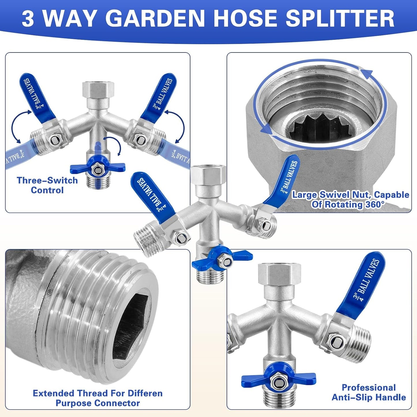 Garden Hose Splitter, 304 Stainless Steel 2 Way Hose Splitter with Long Handle, Heavy Duty Hose Y Spigot Splitter with Shutoff Valves, 3/4" GHT Thread Outdoor Faucet Splitter