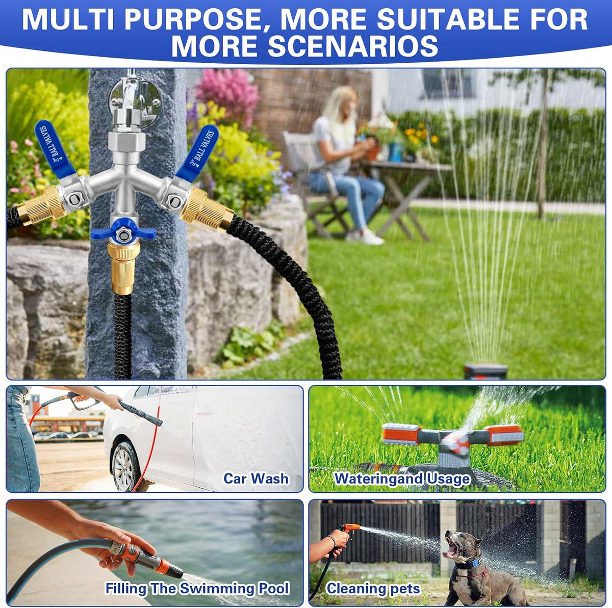 Garden Hose Splitter, 304 Stainless Steel 2 Way Hose Splitter with Long Handle, Heavy Duty Hose Y Spigot Splitter with Shutoff Valves, 3/4" GHT Thread Outdoor Faucet Splitter