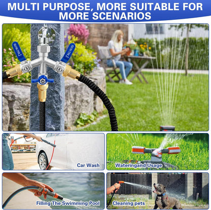 Garden Hose Splitter, 304 Stainless Steel 2 Way Hose Splitter with Long Handle, Heavy Duty Hose Y Spigot Splitter with Shutoff Valves, 3/4" GHT Thread Outdoor Faucet Splitter