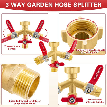 Garden Hose Splitter, 304 Stainless Steel 2 Way Hose Splitter with Long Handle, Heavy Duty Hose Y Spigot Splitter with Shutoff Valves, 3/4" GHT Thread Outdoor Faucet Splitter