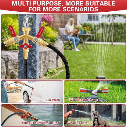 Garden Hose Splitter, 304 Stainless Steel 2 Way Hose Splitter with Long Handle, Heavy Duty Hose Y Spigot Splitter with Shutoff Valves, 3/4" GHT Thread Outdoor Faucet Splitter