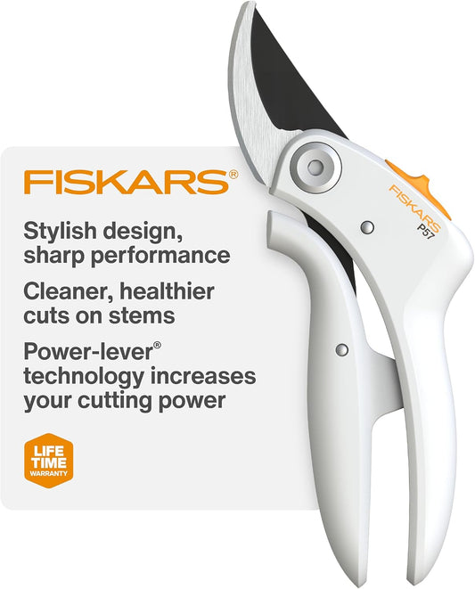 PowerLever Garden Bypass Pruning Shears, 3/4" Cut Capacity, White