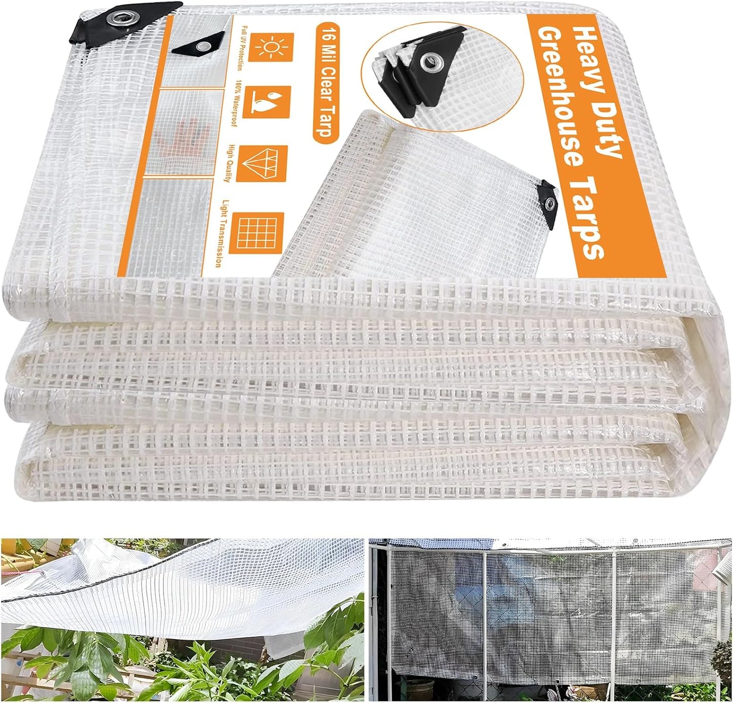 16 Mil Greenhouse Cover,Clear Plastic Tarps Heavy Duty Waterproof 16x20FT