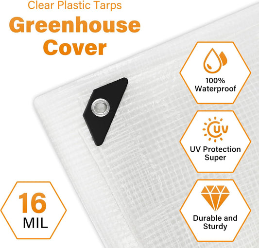 16 Mil Greenhouse Cover,Clear Plastic Tarps Heavy Duty Waterproof 16x20FT