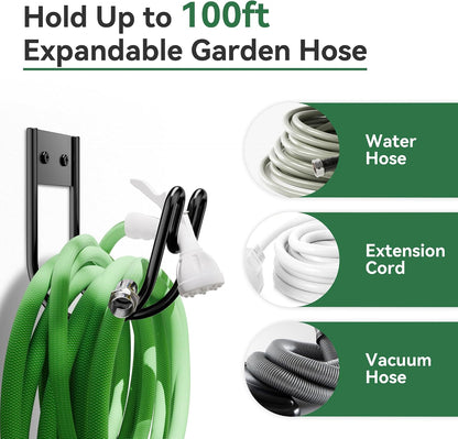 Black Metal Garden Hose Holder - Wall Mounted Water Hose Holder - Hose Hanger Heavy Duty for Water Hose Extension Cords Vacuum Hose (1 Pack)