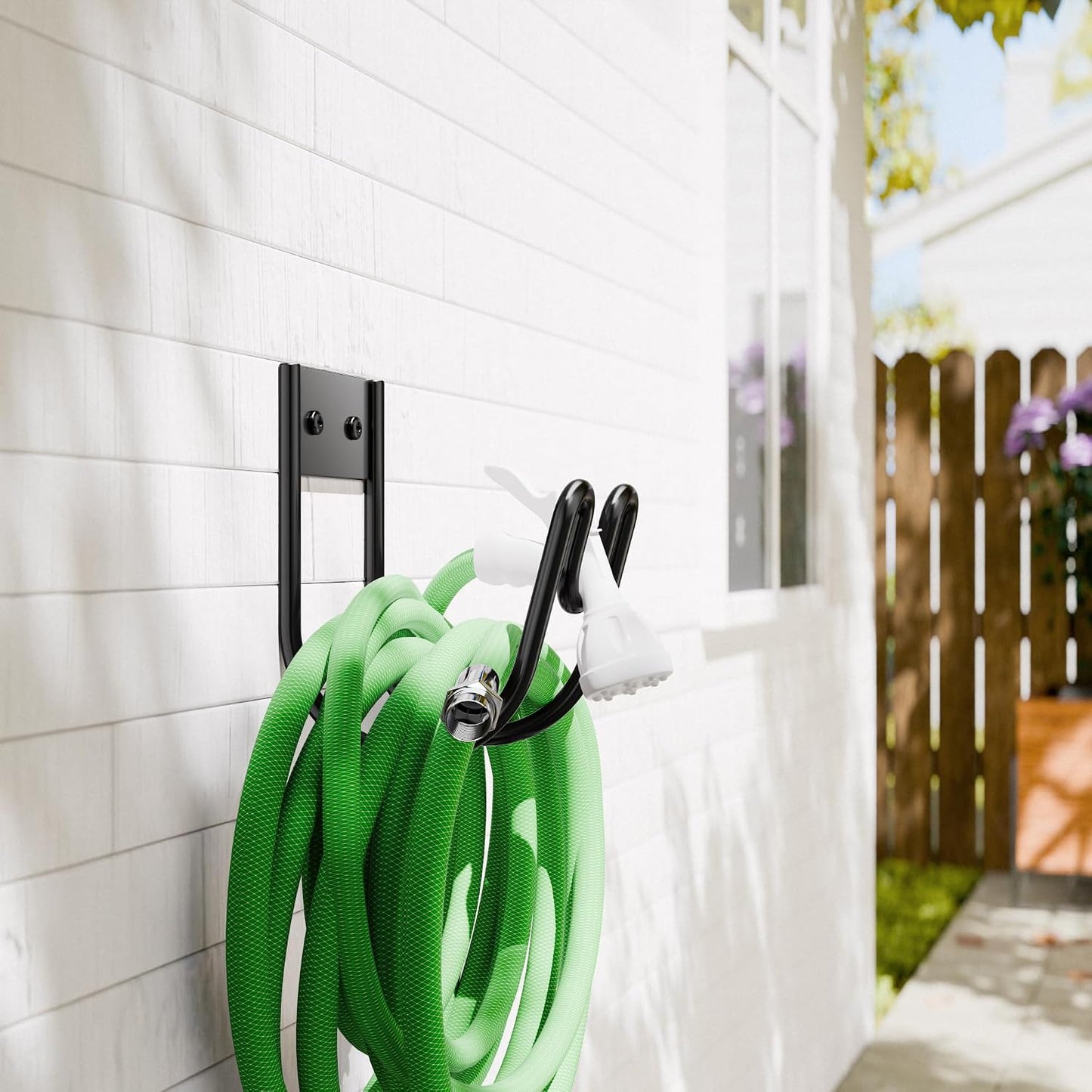Black Metal Garden Hose Holder - Wall Mounted Water Hose Holder - Hose Hanger Heavy Duty for Water Hose Extension Cords Vacuum Hose (1 Pack)