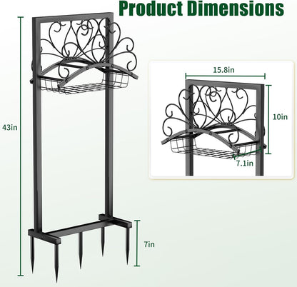 Garden Hose Holder, Heavy-Duty Metal Water Hose Holder with Detachable Storage Basket, Freestanding Hose Stand & Organizer for Outside Yard Lawn, Rust-Resistant Hose Rack for Easy Hose Storage