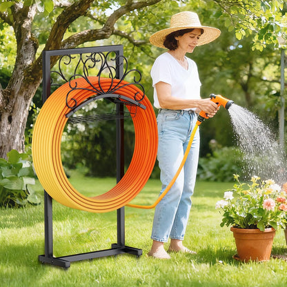 Garden Hose Holder, Heavy-Duty Metal Water Hose Holder with Detachable Storage Basket, Freestanding Hose Stand & Organizer for Outside Yard Lawn, Rust-Resistant Hose Rack for Easy Hose Storage
