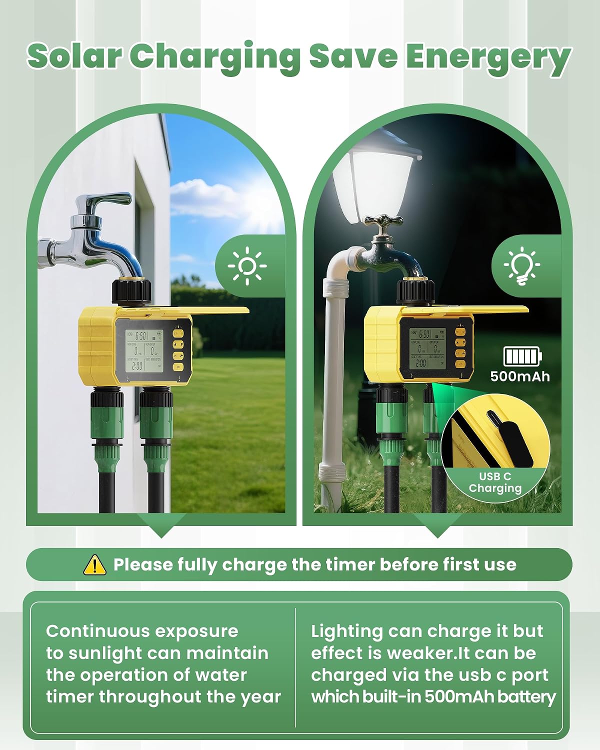 Solar Sprinkler Timer, Water Timer for Garden Hose, Outdoor 2 Zone Hose with Rain Delay/Automatic/Manual Watering System, Digital Programmable Faucet Timing Irrigation for Lawn, Yard(No WiFi)