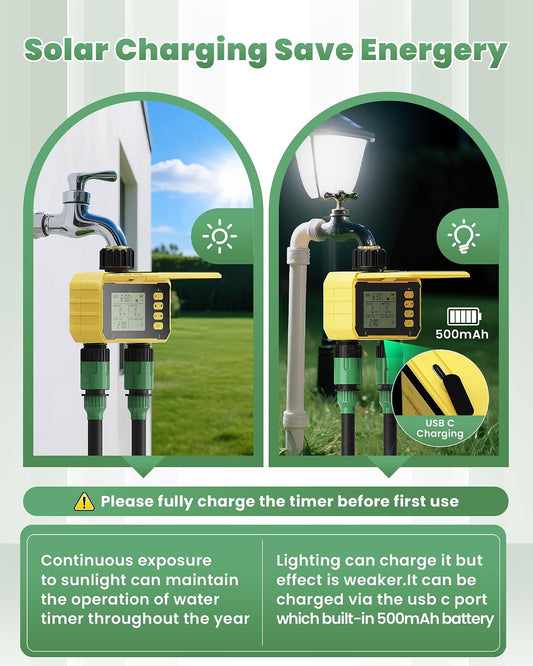 Solar Sprinkler Timer, Water Timer for Garden Hose, Outdoor 2 Zone Hose with Rain Delay/Automatic/Manual Watering System, Digital Programmable Faucet Timing Irrigation for Lawn, Yard(No WiFi)