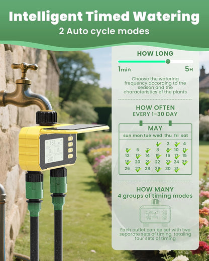 Solar Sprinkler Timer, Water Timer for Garden Hose, Outdoor 2 Zone Hose with Rain Delay/Automatic/Manual Watering System, Digital Programmable Faucet Timing Irrigation for Lawn, Yard(No WiFi)