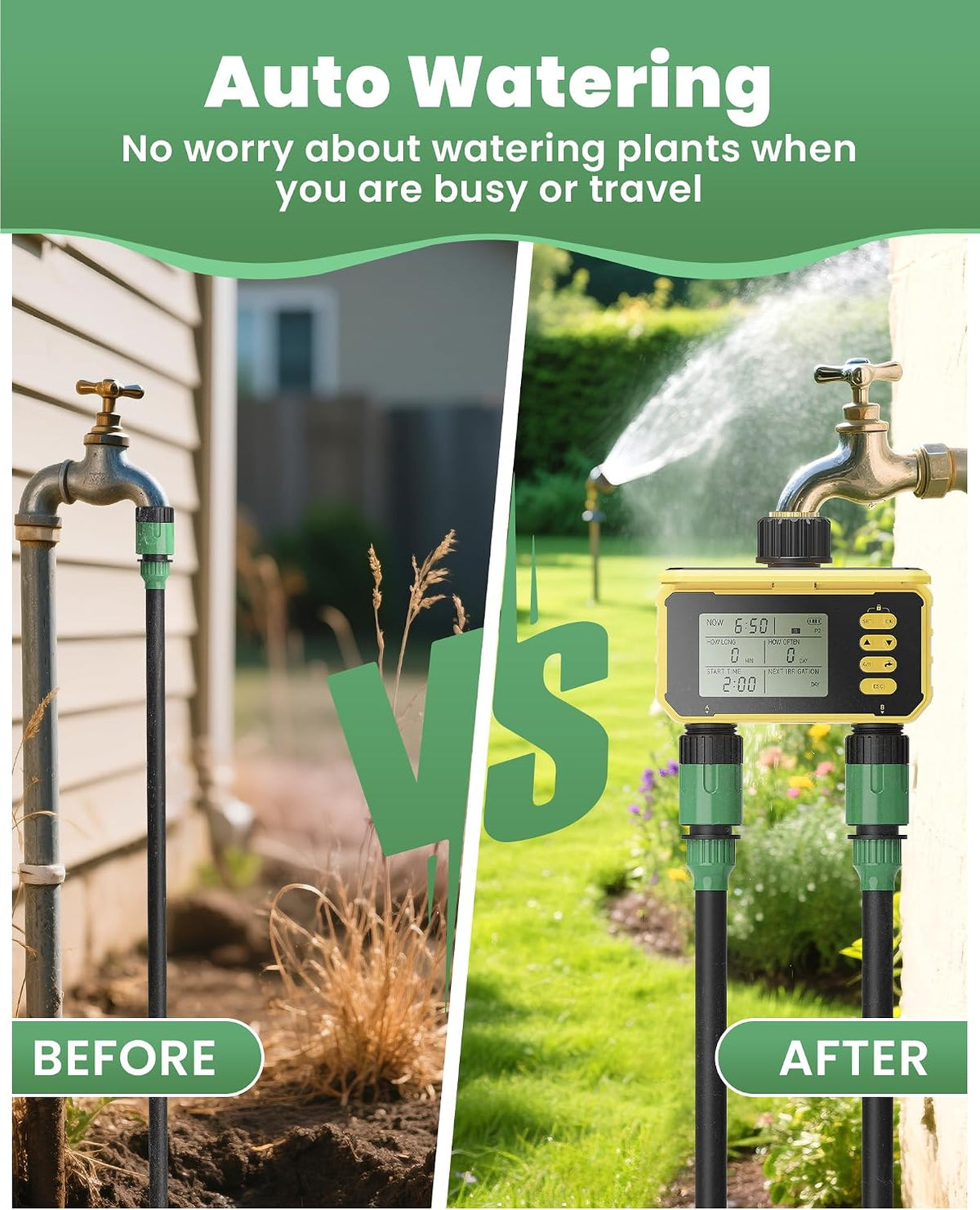 Solar Sprinkler Timer, Water Timer for Garden Hose, Outdoor 2 Zone Hose with Rain Delay/Automatic/Manual Watering System, Digital Programmable Faucet Timing Irrigation for Lawn, Yard(No WiFi)