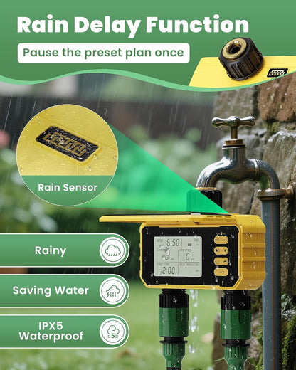 Solar Sprinkler Timer, Water Timer for Garden Hose, Outdoor 2 Zone Hose with Rain Delay/Automatic/Manual Watering System, Digital Programmable Faucet Timing Irrigation for Lawn, Yard(No WiFi)