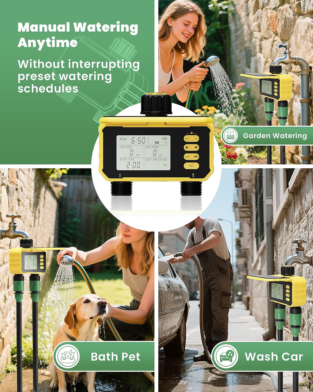 Solar Sprinkler Timer, Water Timer for Garden Hose, Outdoor 2 Zone Hose with Rain Delay/Automatic/Manual Watering System, Digital Programmable Faucet Timing Irrigation for Lawn, Yard(No WiFi)