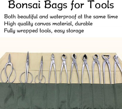 Bonsai Tool Roll, 10-Pocket Waterproof Canvas Bonsai Tool Case Heavy Duty Multifunctional Tool Pocket Bag Bonsai Tools Storage Bag