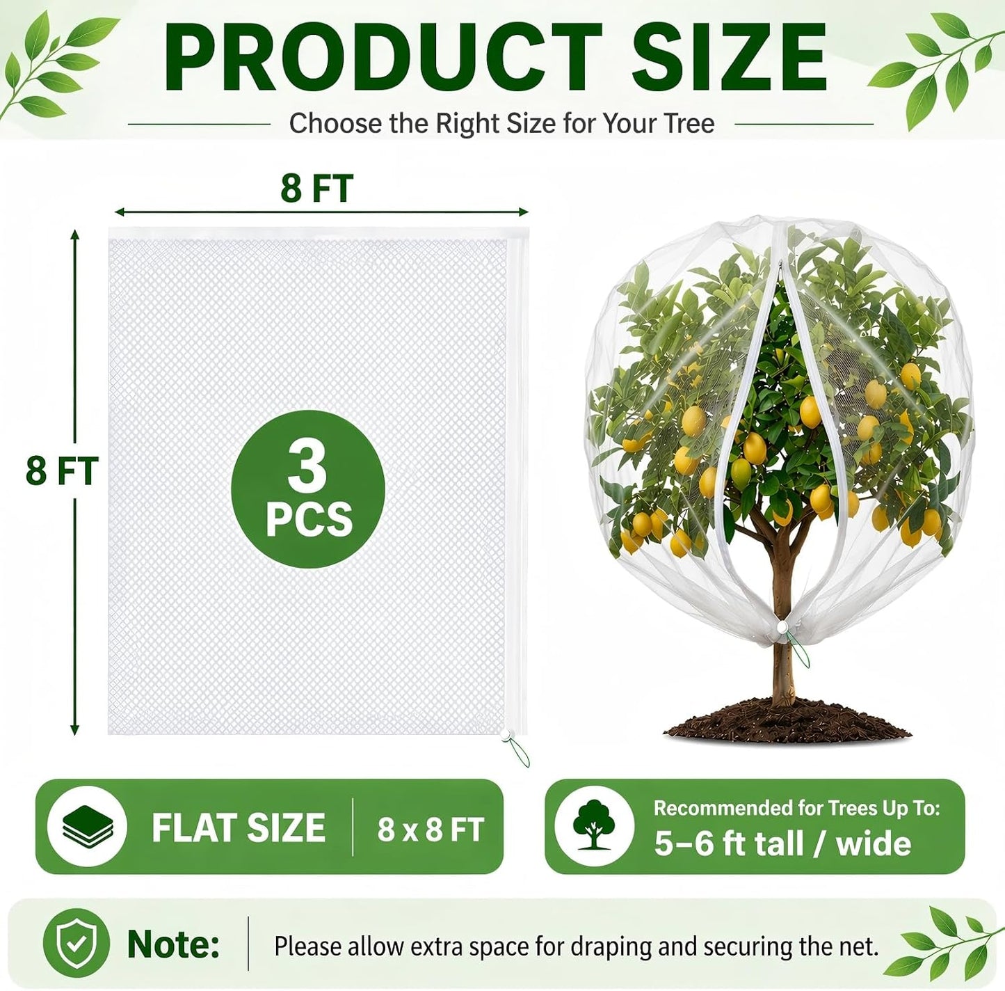 3 Pack 8x8 ft Large Fruit Tree Netting Covers with Zipper & Drawstring