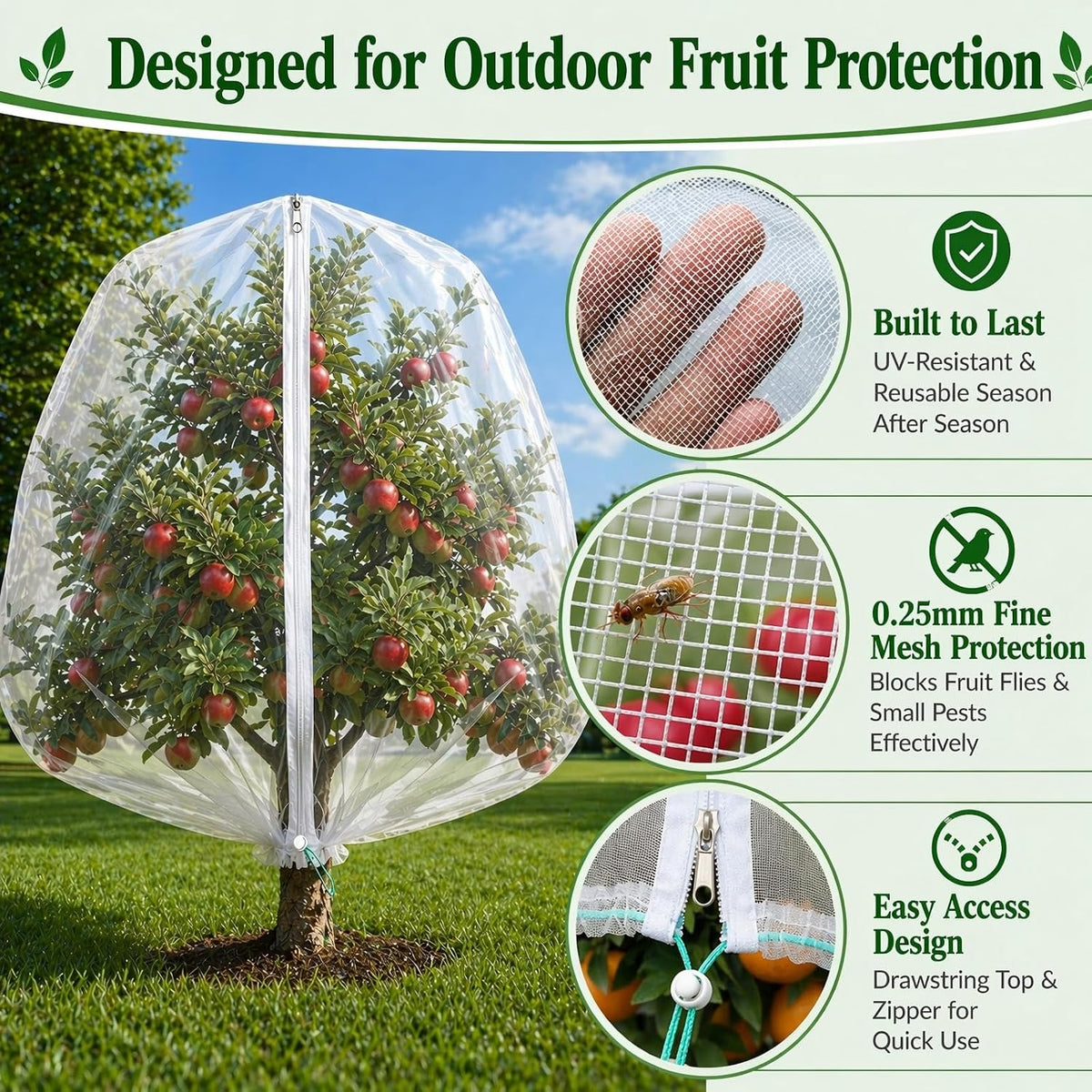 3 Pack 8x8 ft Large Fruit Tree Netting Covers with Zipper & Drawstring