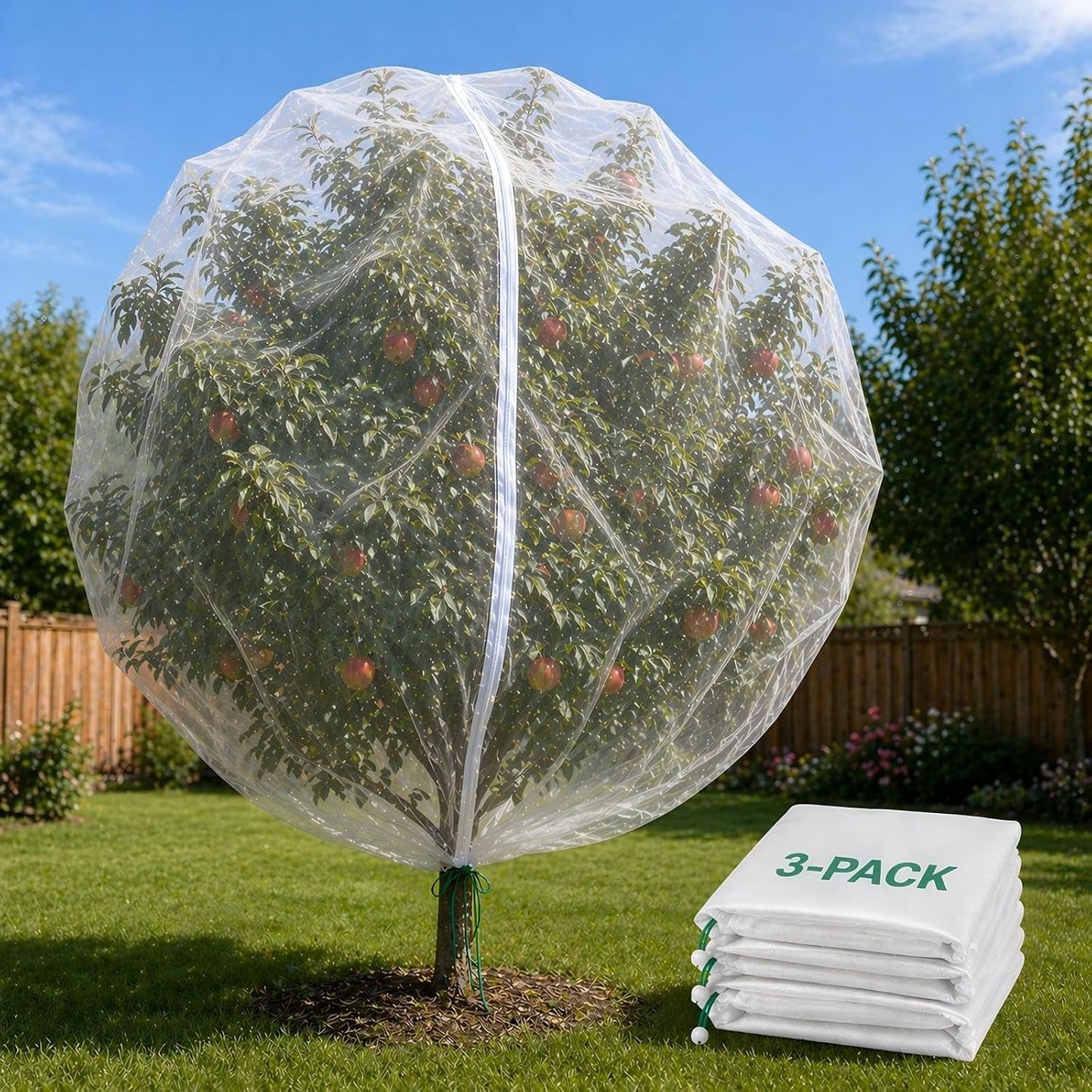 3 Pack 8x8 ft Large Fruit Tree Netting Covers with Zipper & Drawstring